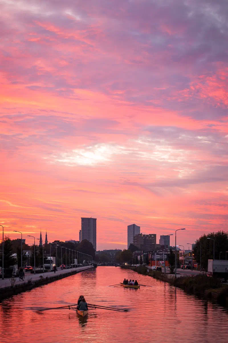 Rowers on the Eindhovens Kanaal under a vivid pink sunset sky