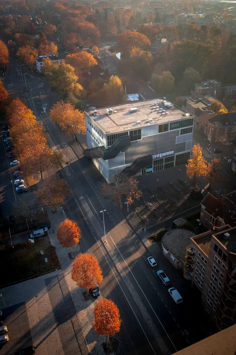 Aerial view over the Effenaar and a street lined with orange autumn trees