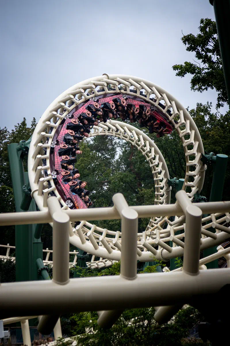 Looping roller coaster track seen through trees at the Efteling